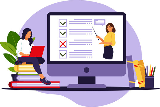 Concept of online exam on internet. Woman sitting near online form survey on laptop. Questionnaire, web learning, electronic voting. 