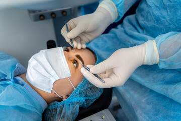 Surgery optometrist surgery eyesight. Professional eye examining.