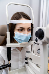 Fototapeta na wymiar Professional optometry eye diagnostic. Corrective eyesight clinical equipment.