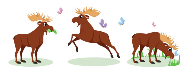 Vector illustration of cute and beautiful elk on white background. Charming characters in different poses eat grass, jump, walk on the lawn in cartoon style.