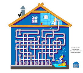 Best labyrinths. Help the plumber find the faucet that needs to be closed to stop the accident. Logic puzzle game. Brain teaser book with maze. Kids activity sheet. Play online. Vector illustration.