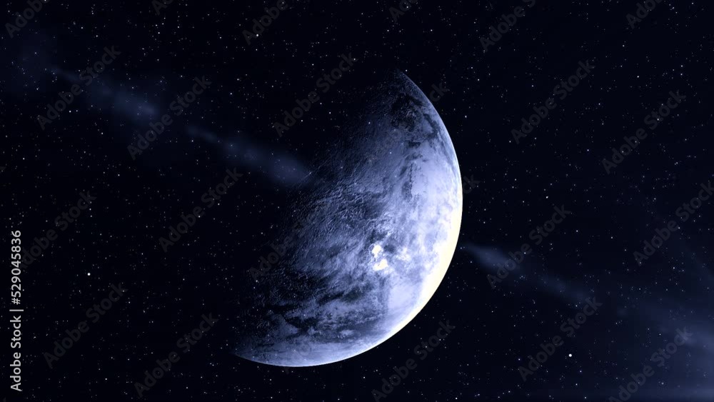 Poster rotating cold planet in space. motion. 3d planet rotates on background of space and flow of particle