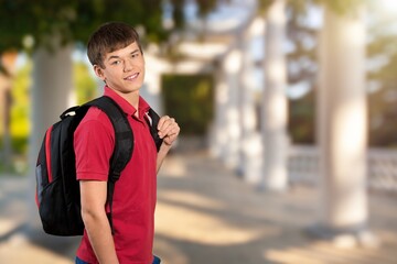 Naklejka premium Happy young student standing with a backpack and posing