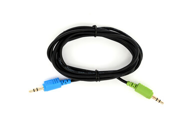 mini jack blue and green extension cable close up on white background isolate