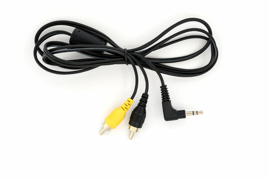 mini jack 3.5 - 2RCA cable closeup isolated on white background