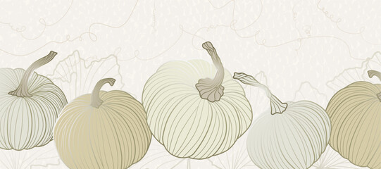 Happy Thanksgiving holiday banner. Autumn abstract background with pumpkins, tendril and leaves. Beige luxury backdrop with pattern in art line style
