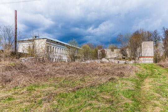
ruins of historical buildings in the center of the village of Gus Zhelezny, Russia 