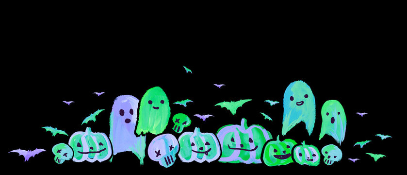 Cute Halloween Pumpkins, bats, Ghost Card green, Aesthetic Neon Handmade painting black background