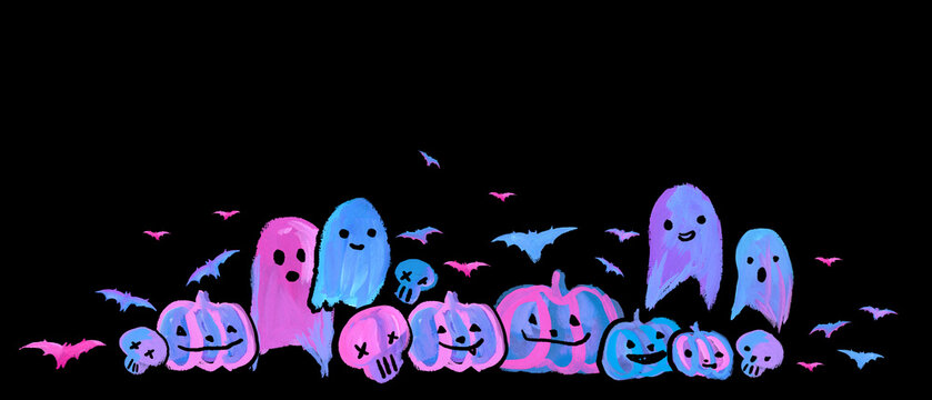 Cute Halloween Pumpkins, bats, Ghost Card blue pink, Aesthetic Neon Handmade painting white background