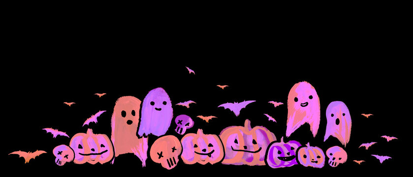 Cute Halloween Pumpkins, bats, Ghost Card orange pink, Aesthetic Neon Handmade painting black background