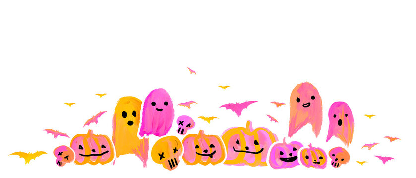 Cute Halloween Pumpkins, bats, Ghost Card orange pink, Aesthetic Neon Handmade painting white background