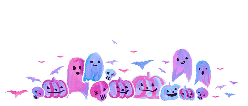 Cute Halloween Pumpkins, bats, Ghost Card blue pink, Aesthetic Neon Handmade painting black background