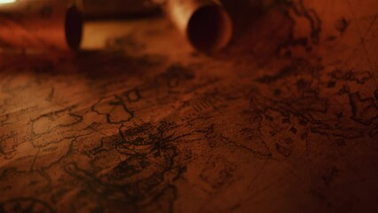 Close up of a old vintage map with countries and continents. Retro style. Concept of geography or global history and cartography.