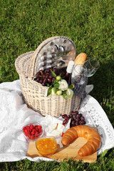 Picnic blanket with tasty food, flowers, basket and cider on green grass outdoors