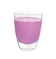 Delicious blackberry smoothie in glass on white background