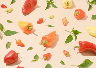 Various fresh peppers and leaves on bright beige background.  Healthy organic vegetables composition. Autumn colorful food creative aesthetic. Sunny day shadows.