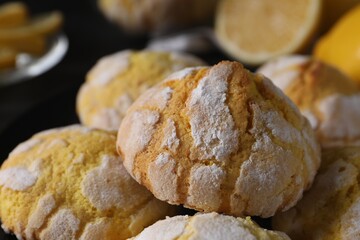 Fresh delicious lemon cookies on table, closeup