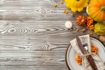 Autumn harvest concept. Top view photo of plate knife fork napkin raw vegetables pumpkins pattypans walnut rowan berries and acorn on isolated grey wooden desk background with copyspace