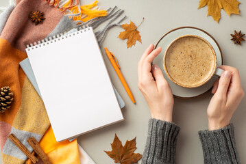 First person top view photo of woman's hands in pullover holding cup of coffee on saucer planner pen scarf maple leaves anise pine cone and cinnamon sticks on isolated grey background with empty space