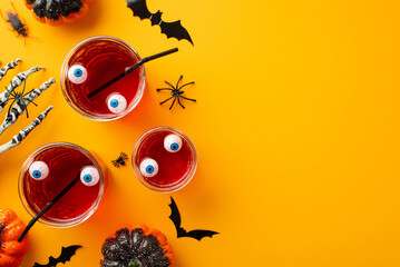 Halloween concept. Top view photo of floating eyeball punch in glasses pumpkins bat silhouettes...