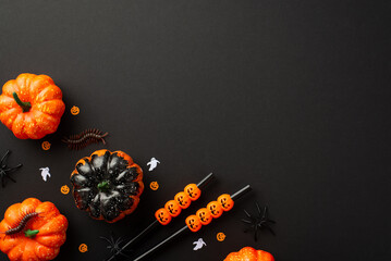 Halloween party concept. Top view photo of small pumpkins creepy insects centipedes spiders...