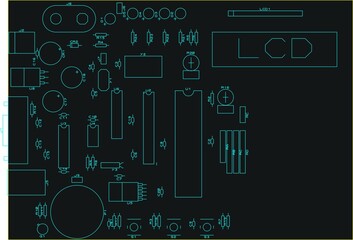 Assembly drawing electronic circuit board with components.  Computer motherboard.