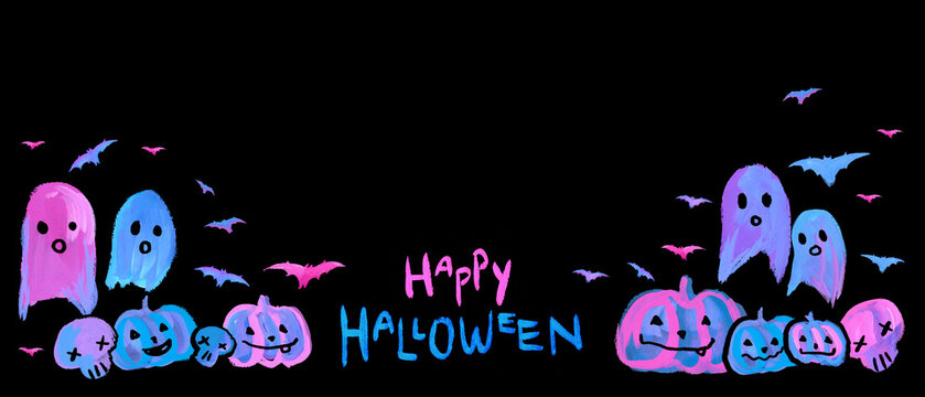 Cute Halloween Pumpkins, bats, Ghost Card blue pink, Aesthetic Neon Handmade painting black background