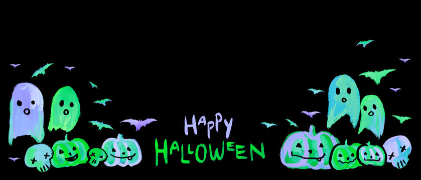 Cute Halloween Pumpkins, bats, Ghost Card green purple Aesthetic Neon Handmade painting black background