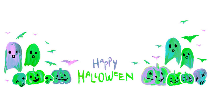 Cute Halloween Pumpkins, bats, Ghost Card green purple Aesthetic Neon Handmade painting white background
