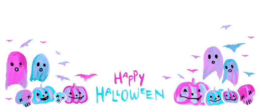 Cute Halloween Pumpkins, bats, Ghost Card blue pink, Aesthetic Neon Handmade painting white background