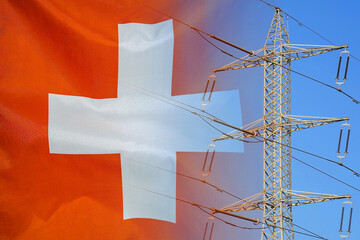 Switzerland flag on electric pole background. Increasing energy consumption, energy crisis in...