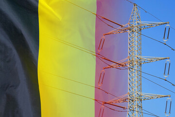 Belgium flag on electric pole background. Power shortage and increased energy consumption in...