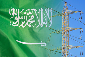 Saudi arabia flag on electric pole background. Power shortage and increased energy consumption in...