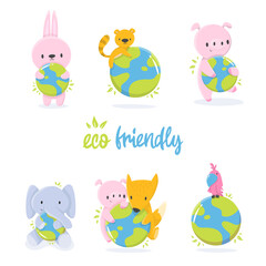 Collection Cartoon illustration of an animals with earth in support of ecology. save the planet