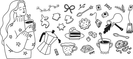A set of sweets for delicious, fragrant tea. Lover of gourmet coffee drink. Vector illustration of a variety of desserts, hand drawn isolated.