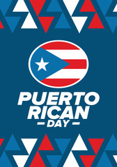 Puerto Rican Day. National happy holiday. Festival and parade in honor of independence and freedom. Puerto Rico flag. Latin american country. Patriotic elements. Vector poster illustration