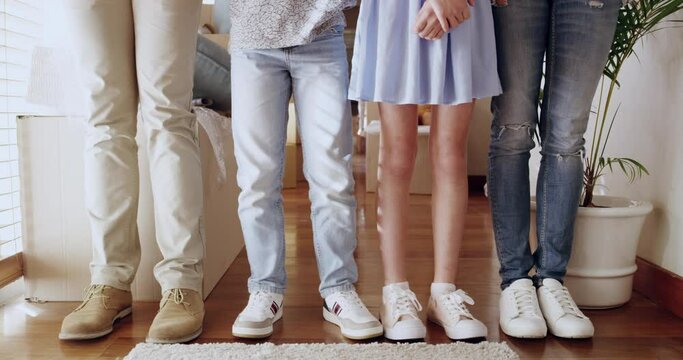 People, family home and cropped feet together of young siblings with individual fashion option. Preteen children living in house with casual, independent and trendy clothes and footwear choice.