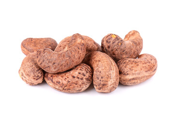 Cashew nuts in shell isolated on white background. Roasted and salted cashew nuts.