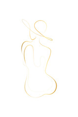Woman face one line drawing. Elegant Female figure in hat printable art. Feminine beauty print Minimalist home decor. Abstract fashion artwork. Gold Line White background