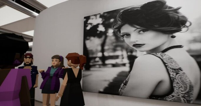 People at a virtual art exhibition of paintings. Nft artist presents his digital versions of works. Avatars in virtual verse reality. Fashion art retail concept. Generic 3d rendering