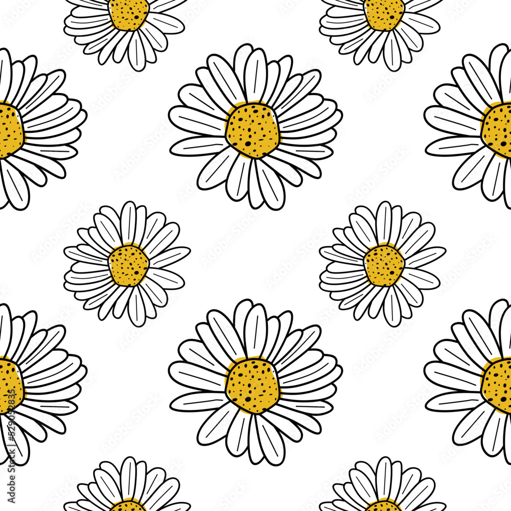 Poster chamomile flower seamless pattern. linear chamomile seamless pattern, printable background. vector i
