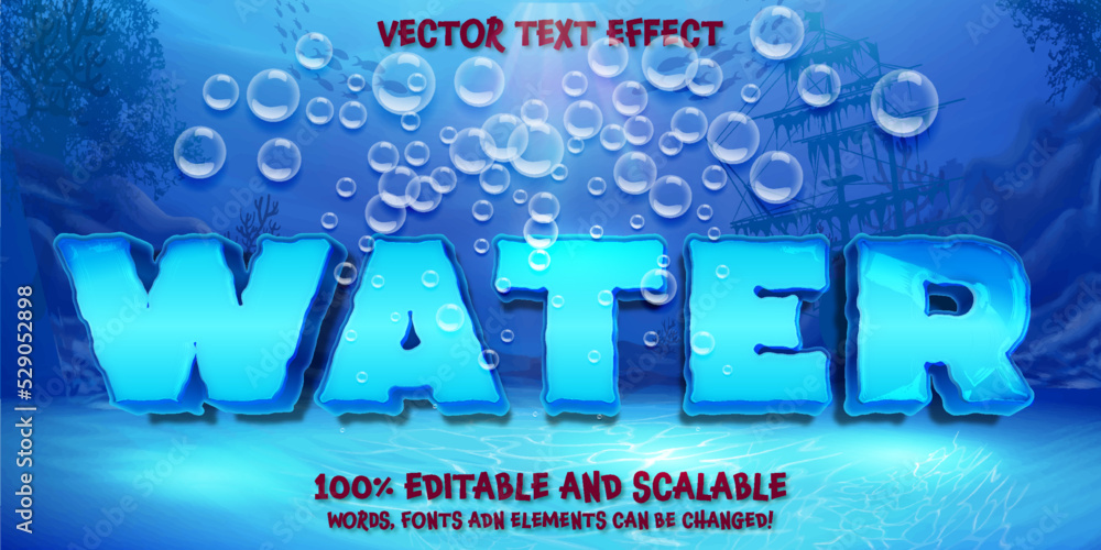 Poster editable water text effect template in blue - 3d style and retro font concept use for brand label an