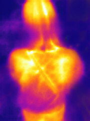 The image from the thermal imager device. Human heat map. Blurred unrecognizable people.