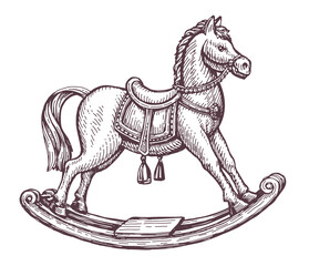 Retro wooden rocking horse sketch. Children toy in vintage engraving style. Vector illustration isolated on white