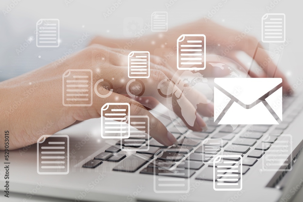 Aufkleber email marketing, data center and internet advertising. sending documents digitally using email conce