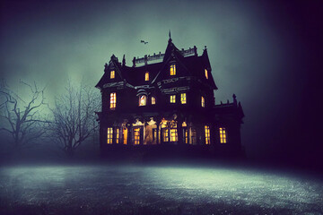 Spooky haunted mansion, detailed creepy painting - obrazy, fototapety, plakaty
