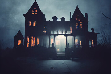 Spooky haunted mansion, detailed creepy painting - obrazy, fototapety, plakaty
