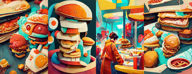 Food and market illustration collection. Colorful emotions, future fast food