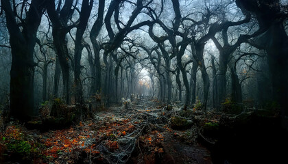 Realistic haunted forest spooky landscape at night. Fantasy Halloween forest background. 3D illustration.