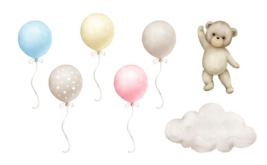 Teddy bear with air balloons..Watercolor illustration isolated on white background. - obrazy, fototapety, plakaty